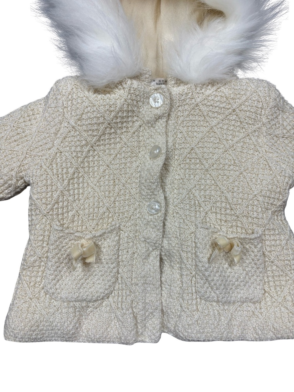 Max Studio Baby Ivory Faux Fur Hooded Sweater Coat 3-6M - Picture 3 of 9